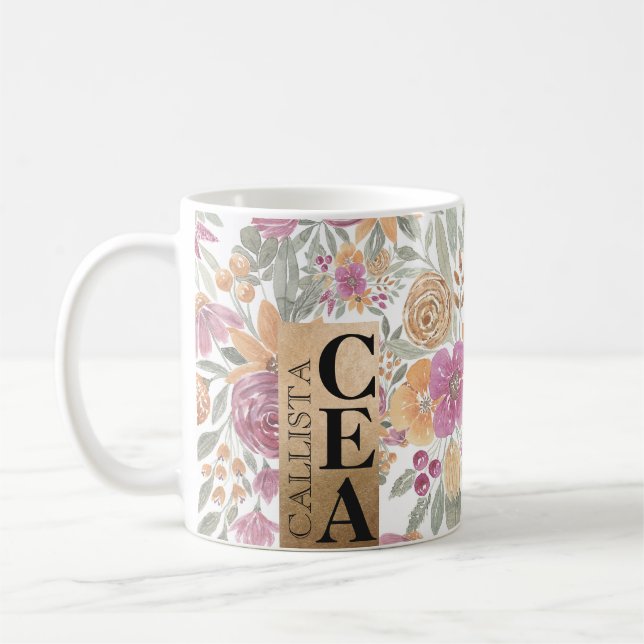 Golden Yellow Pink Floral Watercolor Monogram Coffee Mug (Left)