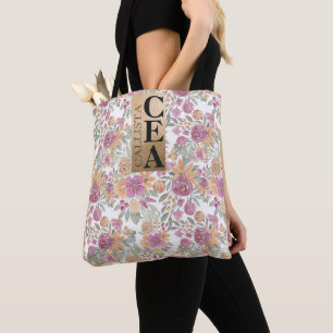 Golden Yellow Pink Floral Watercolor Monogram Tote Bag
