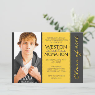 Golden Yellow & Pinstripe Grey Photo Graduation Invitation