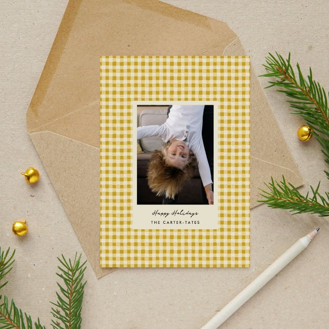 Golden Yellow Playful Hand-Drawn Chequered Photo Holiday Card (Golden Yellow Playful Hand-Drawn Checkered Photo Holiday Card)