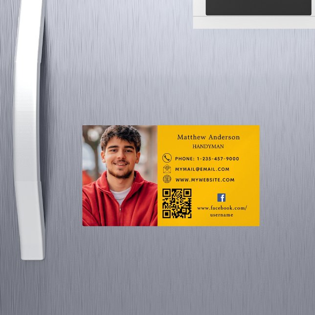 Golden yellow repairs photo QR code handyman Magnetic Business Card (Creator Uploaded)