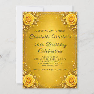 Golden Yellow Rose 40th Birthday Invitation