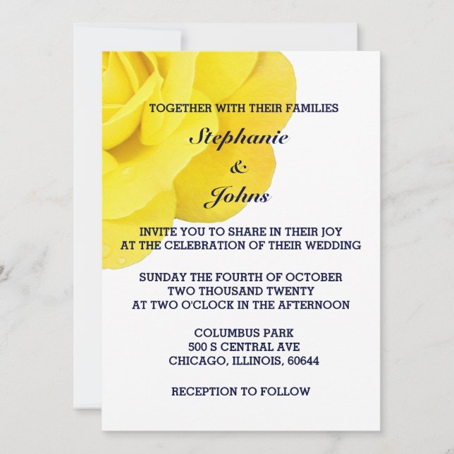 Golden Yellow Rose Dark Navy Blue White Wedding Invitation (Front)
