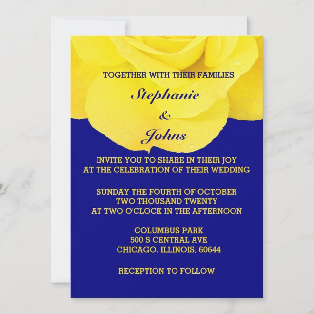 Golden Yellow Rose Gold Navy Blue Floral Colourful Invitation (Front)