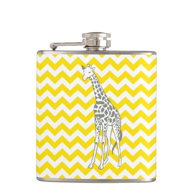Golden Yellow Safari Chevron with Pop Art Giraffe Hip Flask (Front)