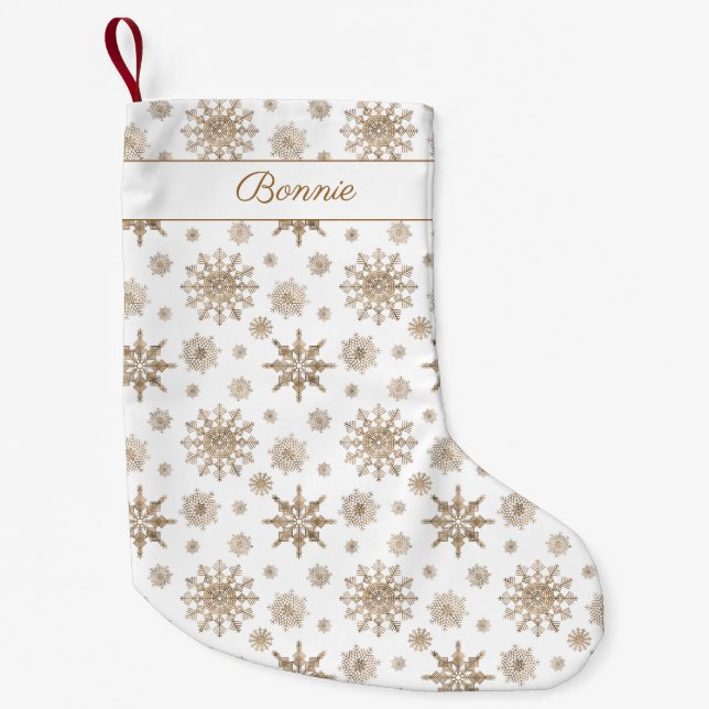 Golden Yellow Snowflakes Pattern & Custom Name Small Christmas Stocking (Front)
