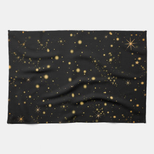 Golden Yellow Stars Black Night Sky Tea Towel