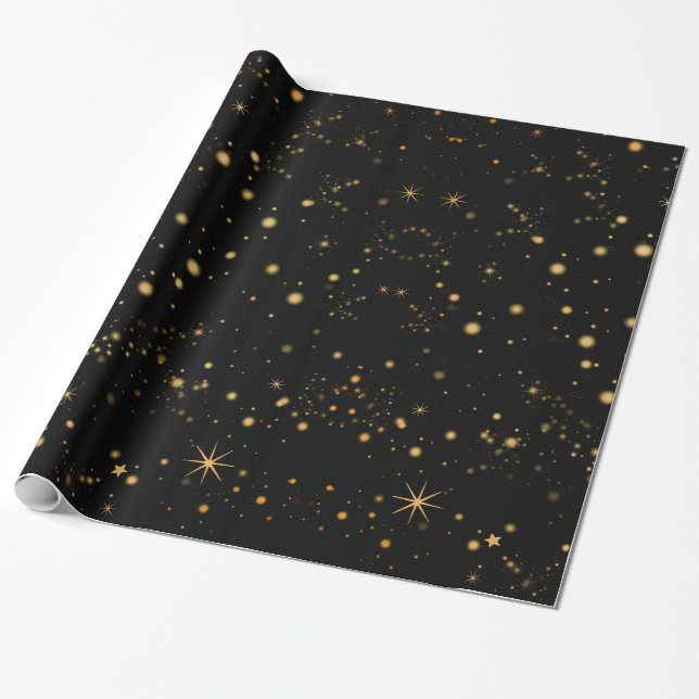 Golden Yellow Stars Black Night Sky Wrapping Paper (Unrolled)