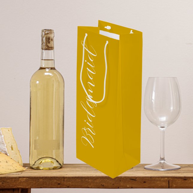 Golden Yellow Stylised Script Wedding Bridesmaid Wine Gift Bag (In Situ)