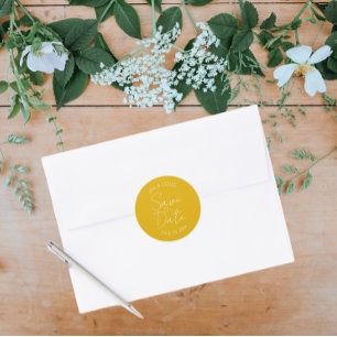 Golden Yellow Stylised Wedding Save the Date Classic Round Sticker