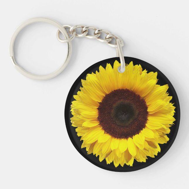 Golden Yellow Sunflower on Black Background Custom Key Ring (Front)