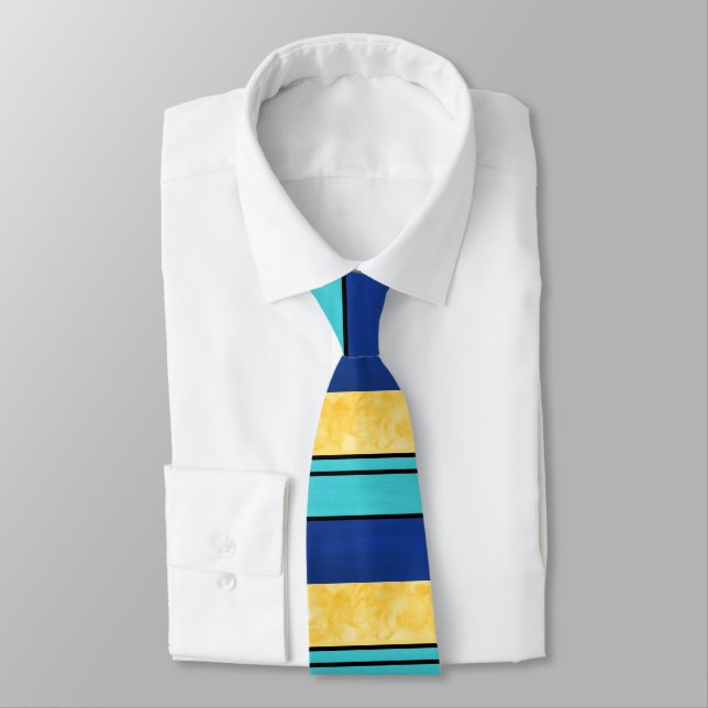 Golden Yellow Teal Blue Stripes Tie (Tied)