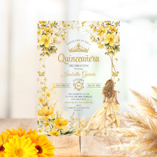 Golden Yellow Tiara Floral Butterflies Quinceañera Acrylic Invitations