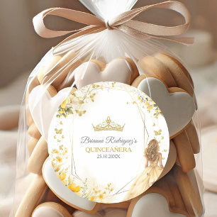 Golden Yellow Tiara Floral Butterflies Quinceañera Classic Round Sticker