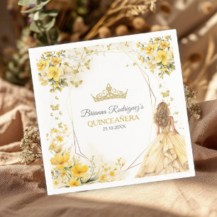 Golden Yellow Tiara Floral Butterflies Quinceañera Napkin