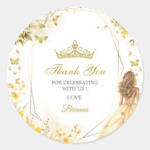 Golden Yellow Tiara Floral Quinceañera Thank You Classic Round Sticker