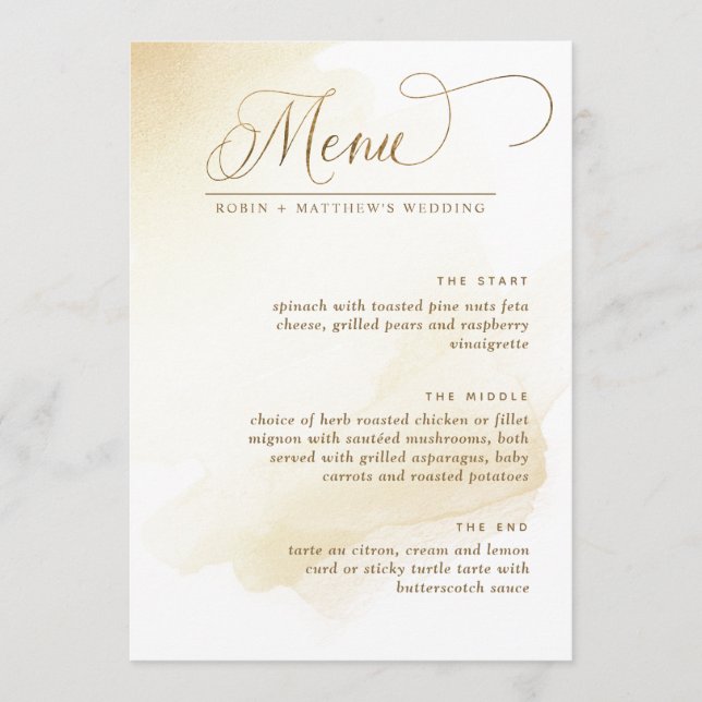 Golden Yellow Watercolor Elegant Wedding Menu (Front)