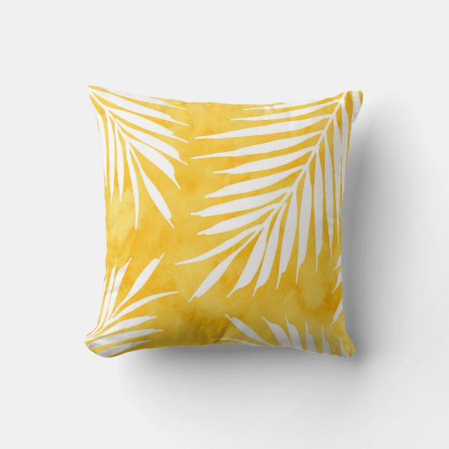 Golden Yellow Watercolor Palm Fronds Silhouette Cushion (Front)