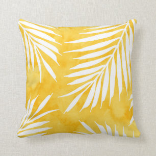 Golden Yellow Watercolor Palm Fronds Silhouette Cushion