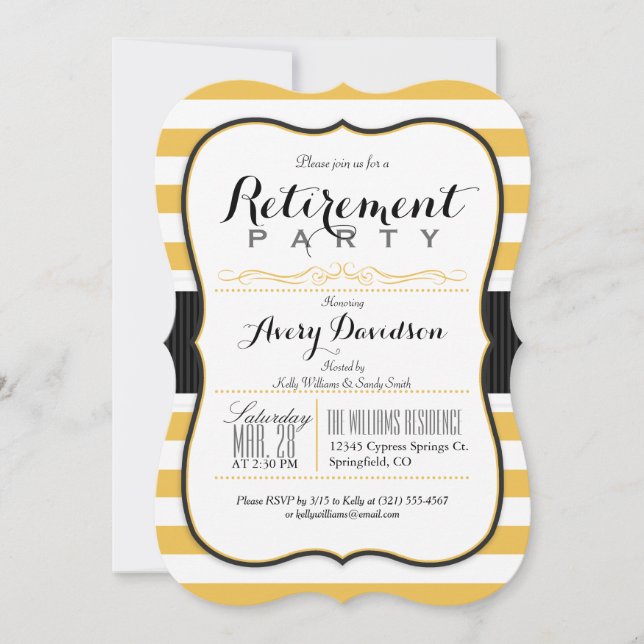 Golden Yellow & White; Elegant Retirement Party Invitation (Front)