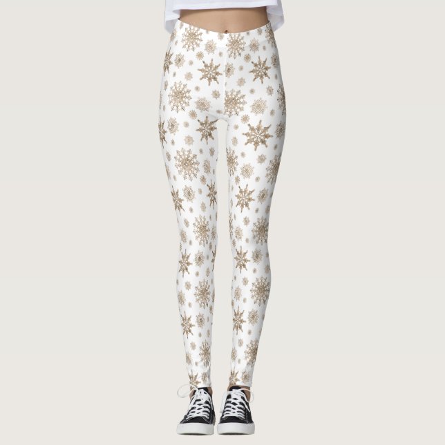 Golden Yellow Winter Snowflake Pattern On White Leggings (Front)