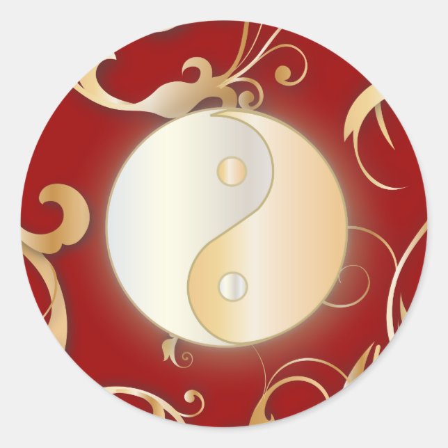 Golden Yin & Yang with scrolls Classic Round Sticker (Front)