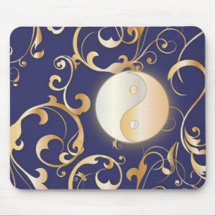 Golden Yin & Yang with scrolls Mouse Mat