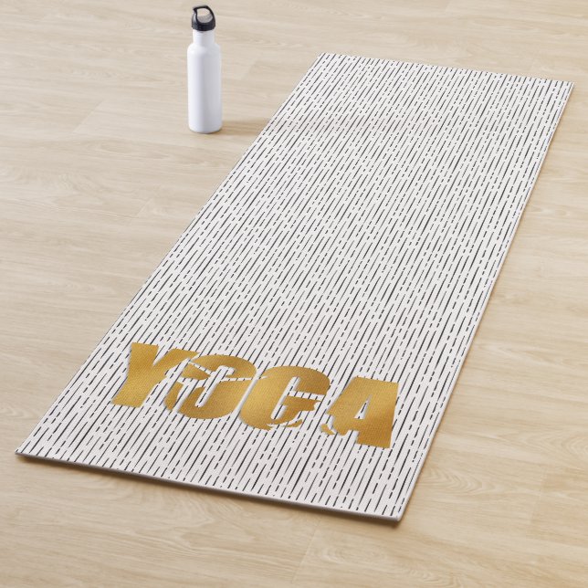 Golden YOGA text with Silhouette on Black Stripes Yoga Mat (In Situ)