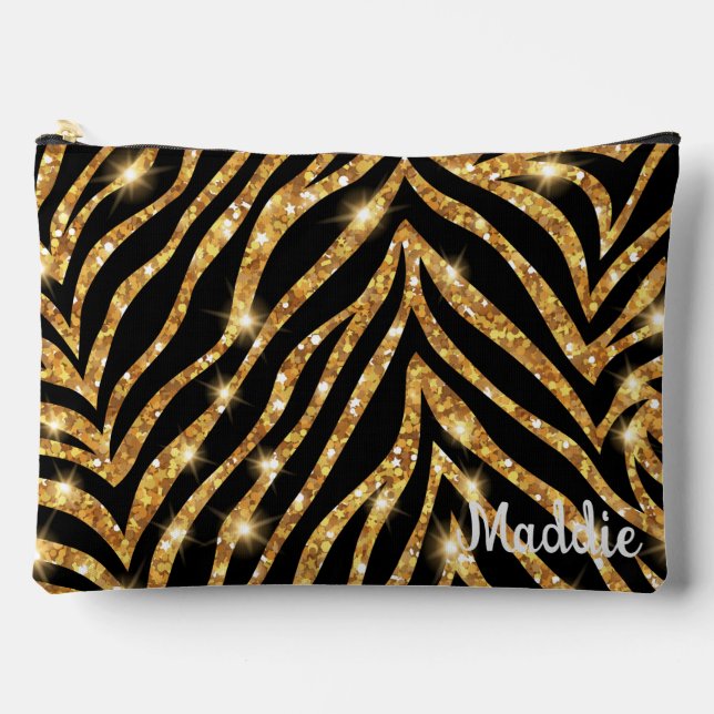 Golden Zebra Glittery Pattern  Accessory Pouch (Front)