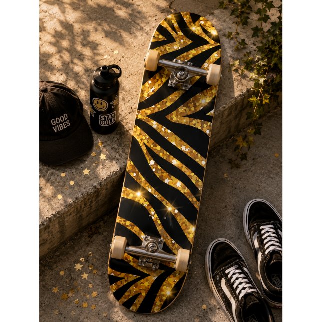 Golden Zebra Glittery Pattern Skateboard (Creator Uploaded)