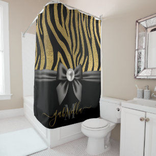 Golden Zebra Print and Bow Shower Curtain