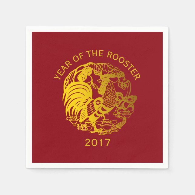Golden Zodiac 2017 Rooster Year paper napkin (Front)