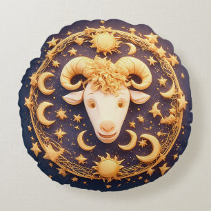 Golden Zodiac Aries Symbol Round Cushion