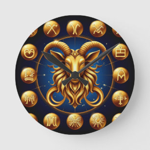 Golden Zodiac Capricorn Design Round Clock