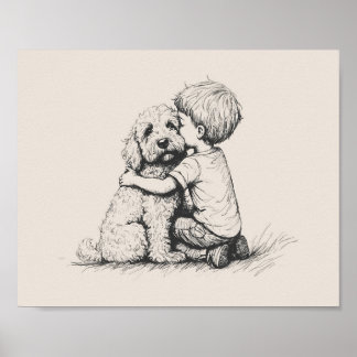 goldendoodle and boy  poster