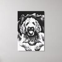 Goldendoodle Art Black White Sketch "Happy Dog"