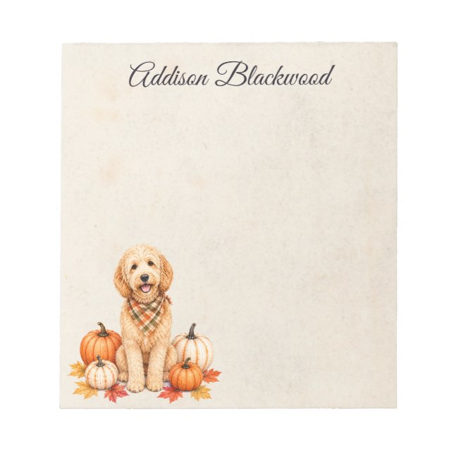 Goldendoodle Autumn Leaves Pumpkins Personalised Notepad (Front)