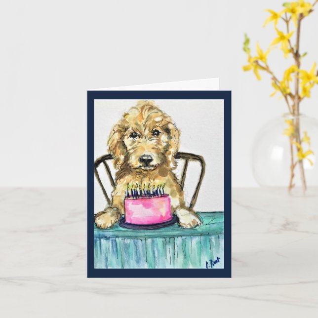 Goldendoodle Birthday Card (Yellow Flower)