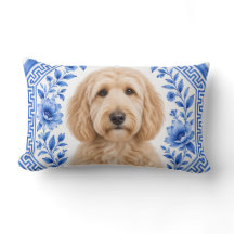 Goldendoodle Blue & White Floral Lumbar Pillow
