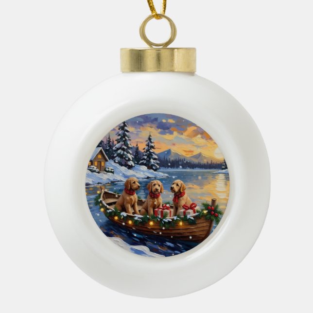 Goldendoodle Christmas Boat Holiday Ceramic Ball Christmas Ornament (Front)