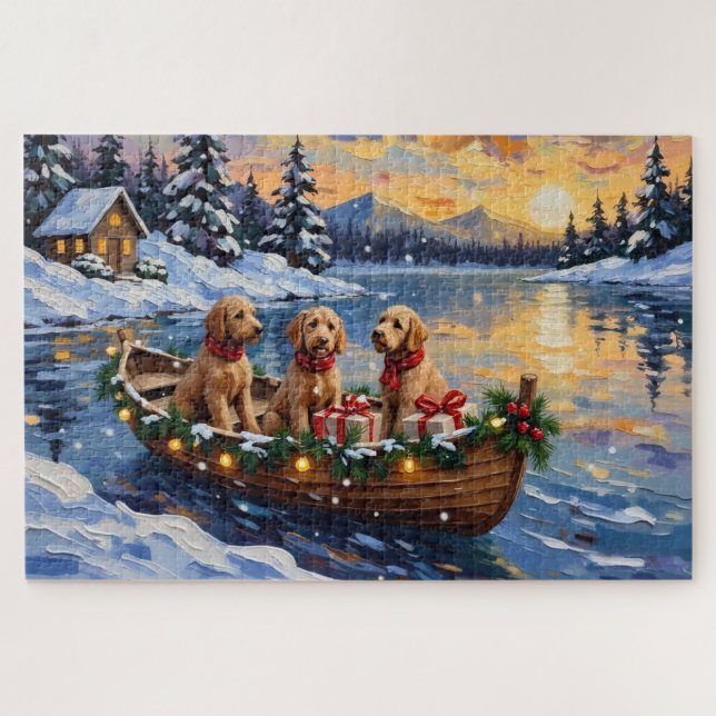 Goldendoodle Christmas Boat Holiday Jigsaw Puzzle (Horizontal)