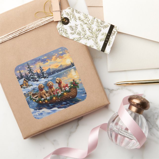 Goldendoodle Christmas Boat Holiday Square Sticker (Gifting)