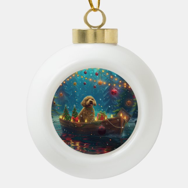 Goldendoodle Christmas Festive Voyage Ceramic Ball Christmas Ornament (Front)