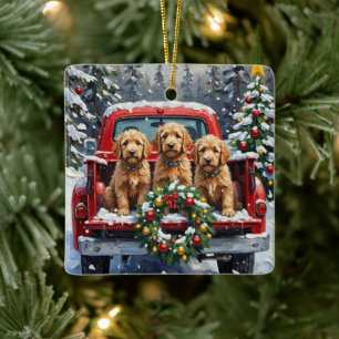Goldendoodle Christmas Red Truck Holiday Ceramic Ornament