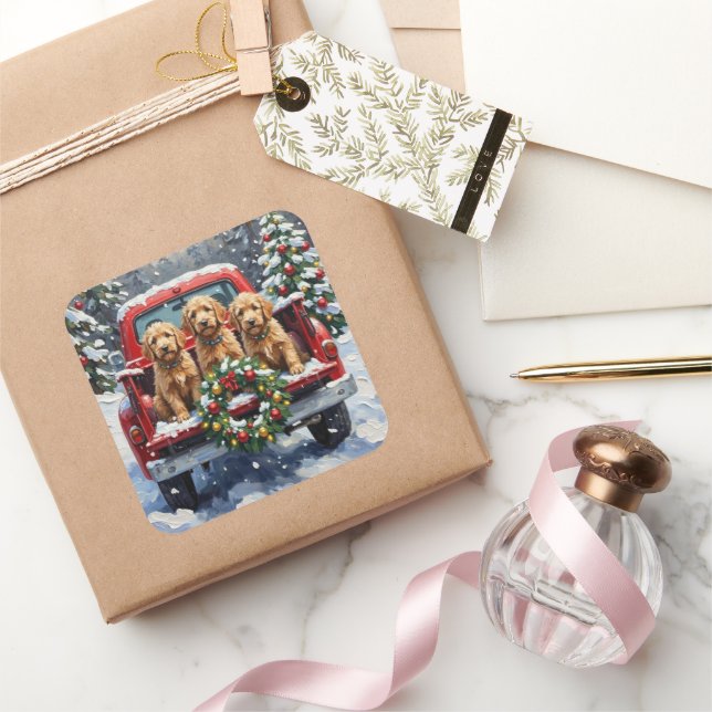 Goldendoodle Christmas Red Truck Holiday Square Sticker (Gifting)
