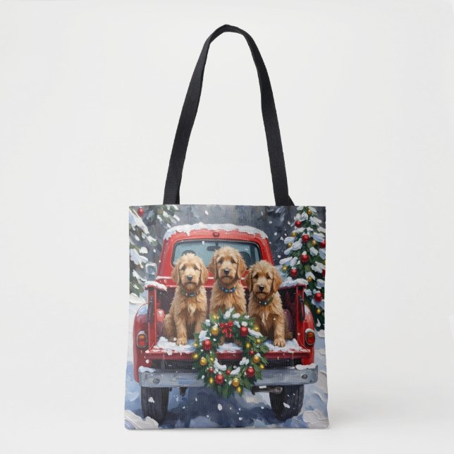 Goldendoodle Christmas Red Truck Holiday Tote Bag (Front)