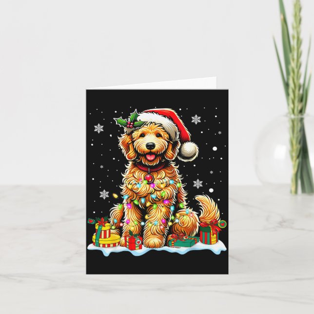Goldendoodle Christmas Santa Hat Fairy Lights Paja Card (Front)