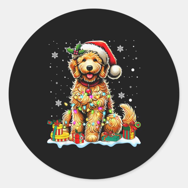 Goldendoodle Christmas Santa Hat Fairy Lights Paja Classic Round Sticker (Front)