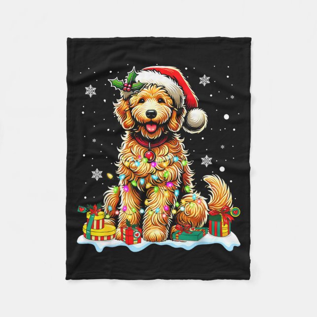 Goldendoodle Christmas Santa Hat Fairy Lights Paja Fleece Blanket (Front)