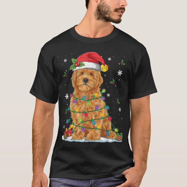 Goldendoodle Christmas Santa Hat Fairy Lights Paja T-Shirt (Front)